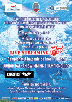 TRANSMISIE VIDEO LIVE - Campionatele Balcanice de inot pentru juniori,<br />
Oradea, 2015 / LIVE VIDEO STREAMING - Junior Balkan Swimming Championships